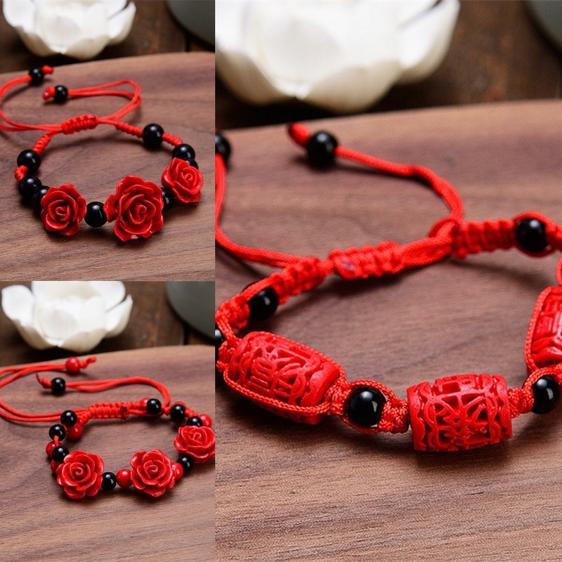 Vintage National Style Rose Carved Handmade Weave Bangle/ Exquisite Red Rope Beaded Craft Bracelet