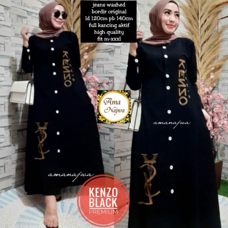 Kenzo Dress  Black Premium size Jumbo Pakaian Wanita Gamis Bahan Jeans Washed Bordir Original Ld 120