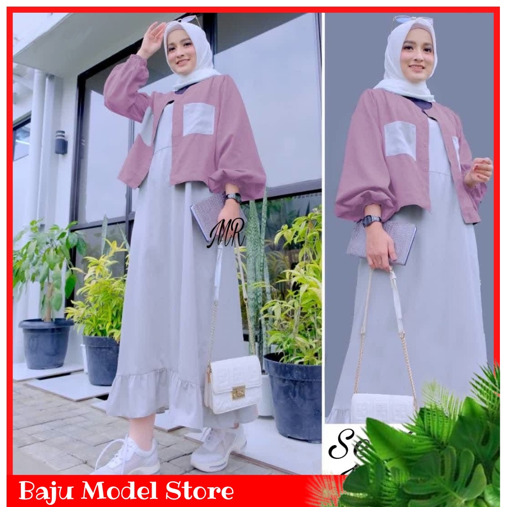BAJU MODEL - Long Dress Habibah Set Cardigan Gamis Wanita Setelan Cardi Muslimah Modis Kekinian Kard