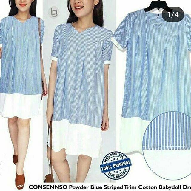 Consenso powder blue stripped trim cotton babydoll dress