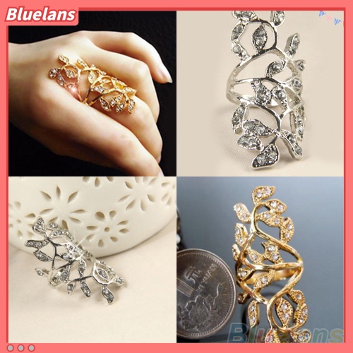 Bluelans Cincin Knuckle Desain Daun Hollow Hias Berlian Imitasi Untuk Wanita