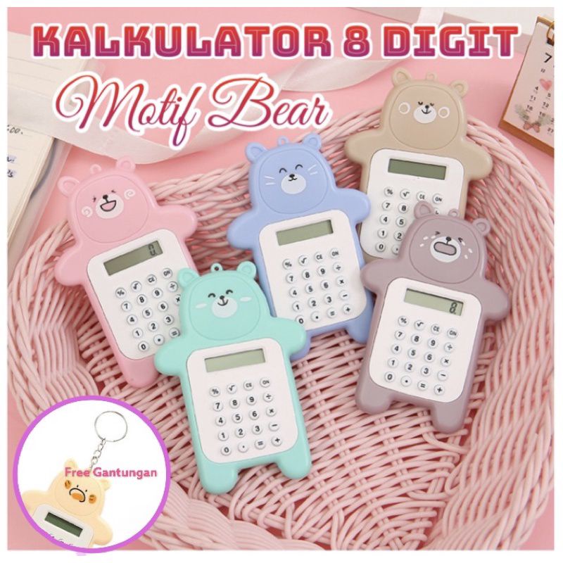 Kalkulator 8 Digit Mini Kalkulator Portable Desain Kartun Beruang Dengan Tombol Karet Untuk Pelajar