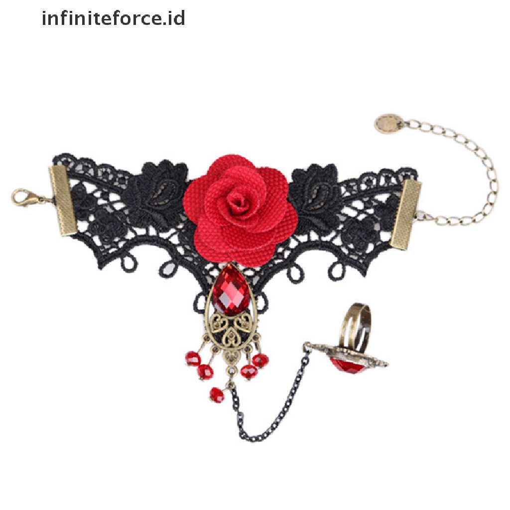 Infiniteforce.id Gelang Tangan Lace Bunga Mawar Merah Gothic Adjustable Dengan Cincin Untuk Wanita