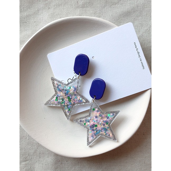 LRC Anting Tusuk Fashion Blue Light Color Five-pointed Star Love Earrings F60370