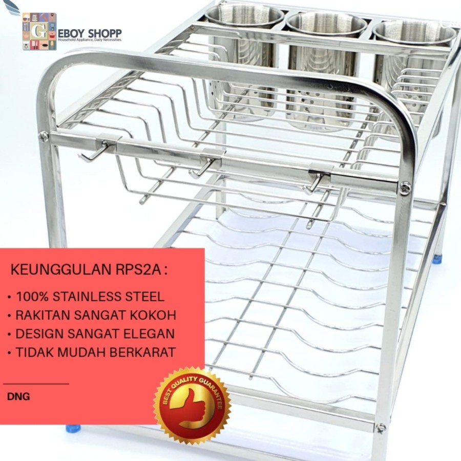 Rak Piring Segi 2 Susun 100% Stainless Steel DNG