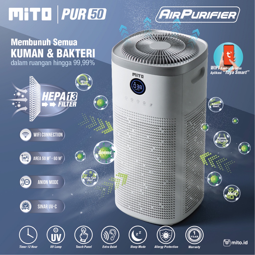 Mito Air Purifier PUR 50 Alat Penyaring Udara membunuh Virus hepa filter UV-C  Mito Air Purifier 50