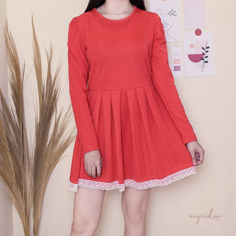 MyCikii Red Flare Lace Dress / dress merah renda lengan panjang / dress mini style boneka import / d