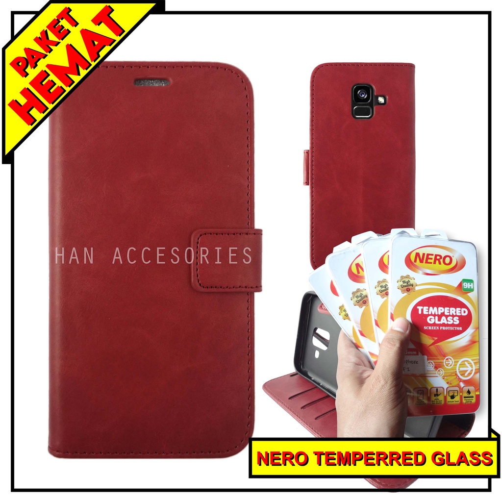 (PAKET HEMAT) Fashion Selular Flip Leather Case Samsung Galaxy A8 2018 Flip Cover Wallet Case Flip Case + Nero Temperred Glass