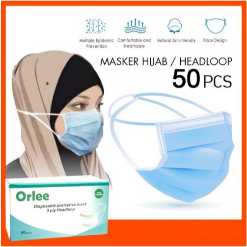 Masker 3 ply Medis Masker Bedah Kemenkes 3ply Merk Orlee - Masker Hijab Headloop