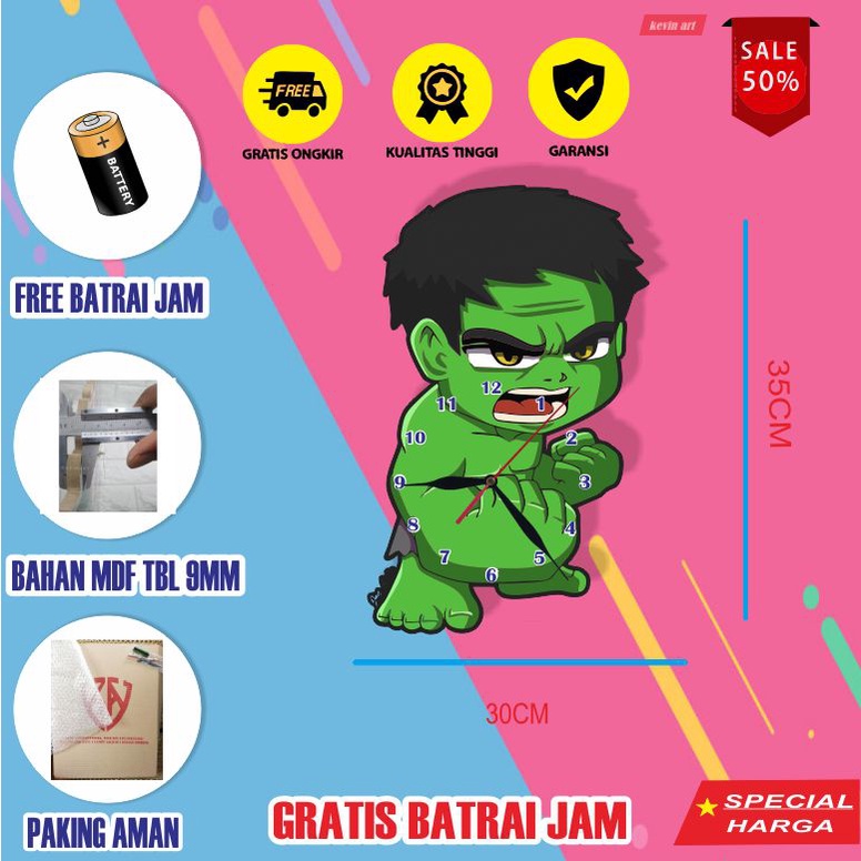 JAM DINDING KAYU UNIK KARAKTER ANAK GAMBAR ANIMASI HULK KEREN LUCU ARTISTIK MURAH TERBARU