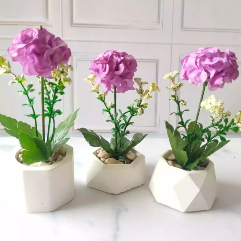 [ PROMO TERMURAH ] Bunga Artificial Pompom Ungu | Termasuk Pot Concrete | Dekorasi Ruang Tamu | Bunga Plastik Grosir Import Murah