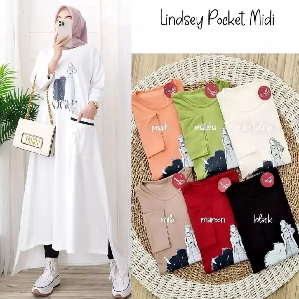 Baju Gamis Terbaru Jumbo Lindsey Pocket Midi Dress Size S M L XL XXL XXXL LD 90-130 CM Bahan Kaos Ka