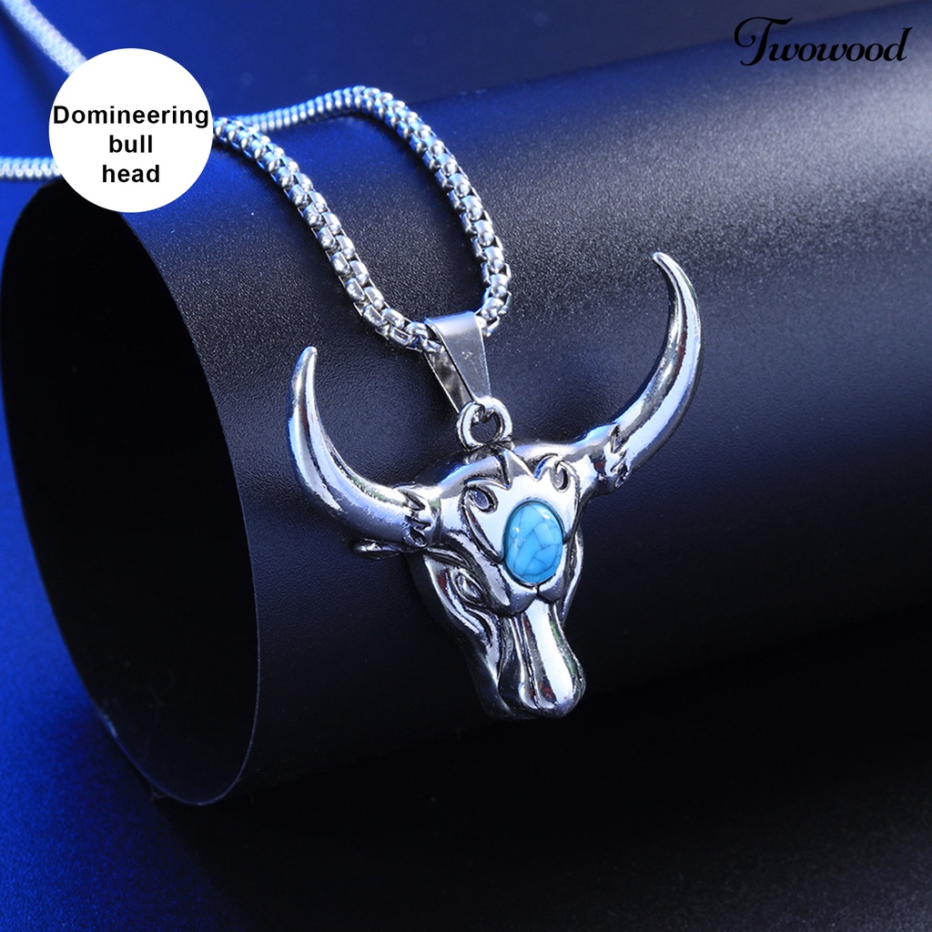 Twowood Bull Head Pendant Men Necklace Long Chain Alloy Retro Punk Sweater Necklace Cosplay Jewelry