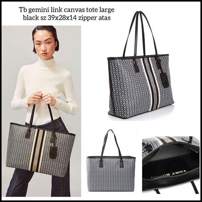 Bag Canvas - Tas Tory Burch Original - Tb Gemini Link Canvas Large Zip Tote Black S