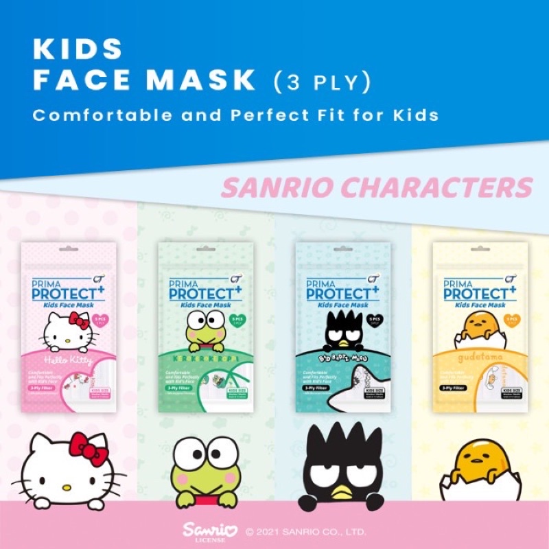 Masker Anak Prima Protect Plus isi 5pcs Surgical 3Ply Karakter Sanrio ( Hello kitty / Kero Kerropi /
