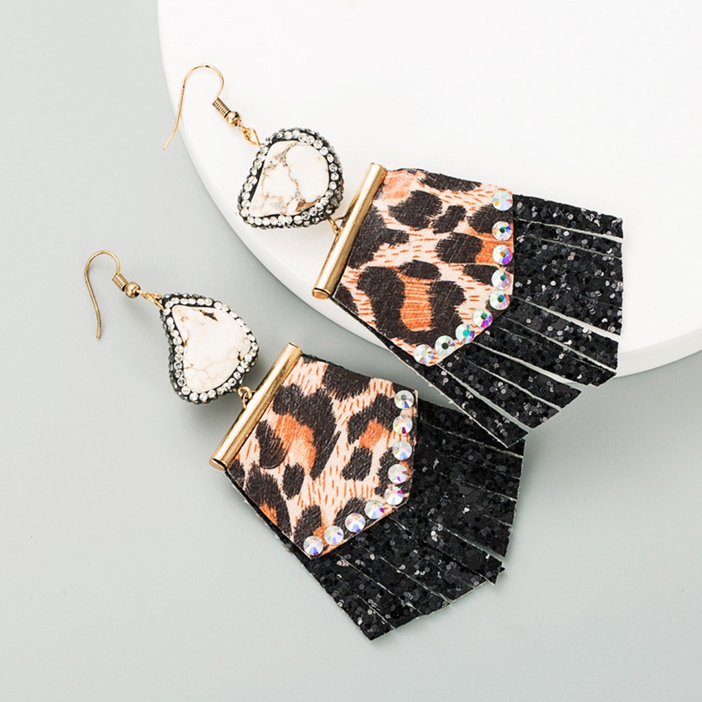 Hu Hu Hu Hu Hu Alat Bantu Pasang Kacamata♡ 1 Pasang Anting Kait Rumbai Motif Print Leopard Bahan Kulit Tiruan Aksen Berlian Imitasi Untuk Wanita