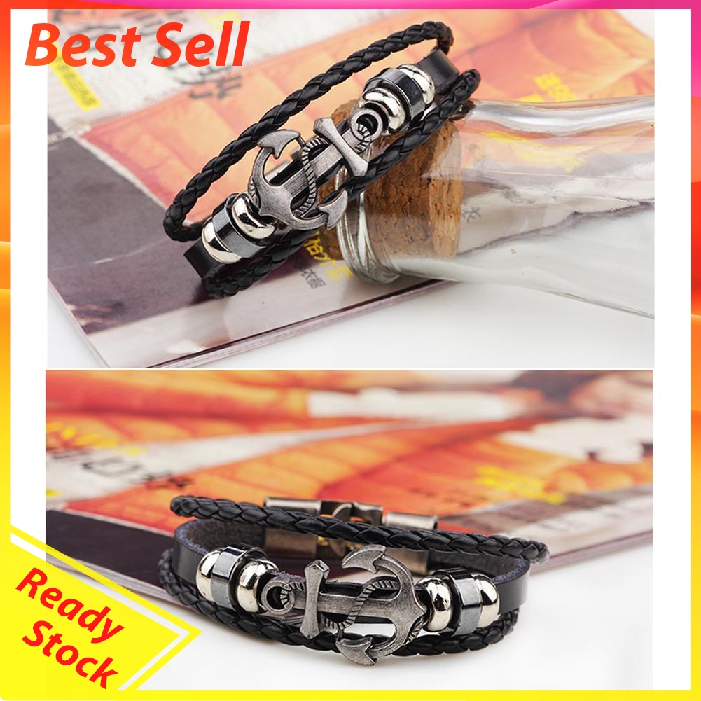 Vintage Men's Metal Anchor Steel Studded Surfer Leather Bangle Cuff Bracele