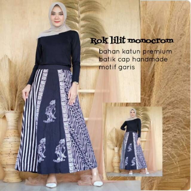 Rok Lilit Monocrom Batik Monoblue Cantik Klok Flare Skirt Modern New Arrival Fashion Wanita Wayang