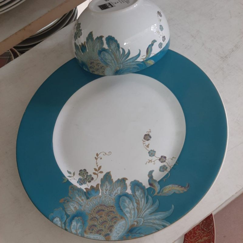 [SET] FLOWER DINNER PLATE N BOWL PIRING DAN MANGKOK KERAMIK SANGO MOTIF BUNGA JADUL VINTAGE KLASIK