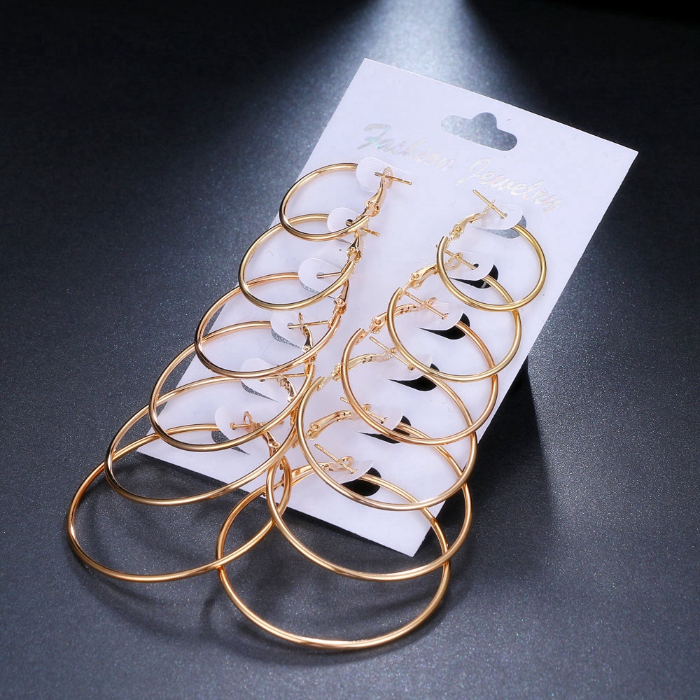 6 Pasang / Set Anting Bulat Besar Minimalis Warna Gold / Silver untuk Wanita