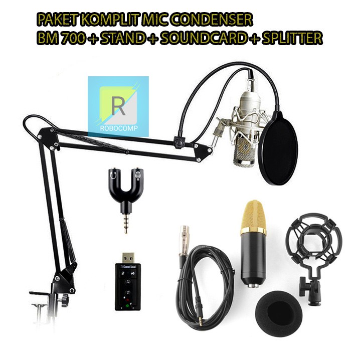 MIC BM-700 + STAND +POP FILTER +SOUNDCARD + SPLITTER