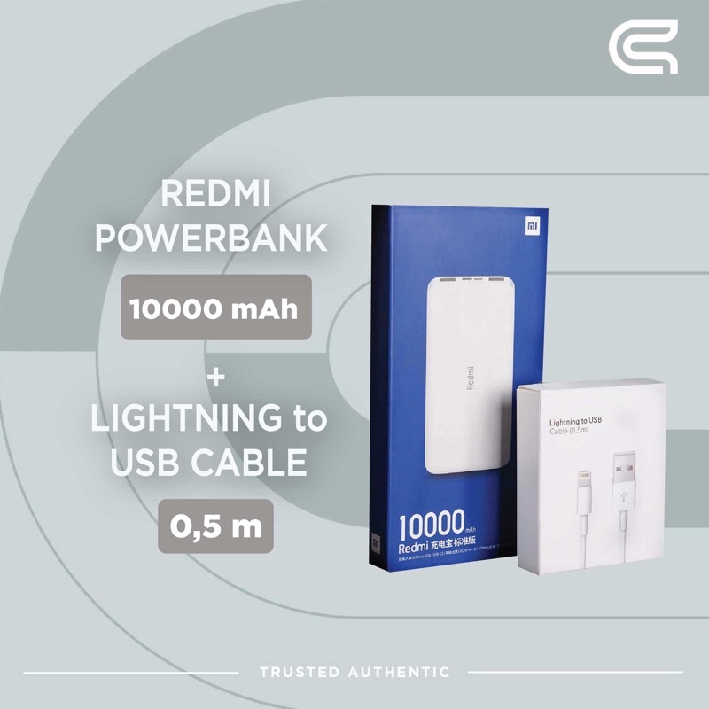 PAKET POWERBANK REDMI 10.000Mah &amp; KABEL LIGHTNING 0,5M