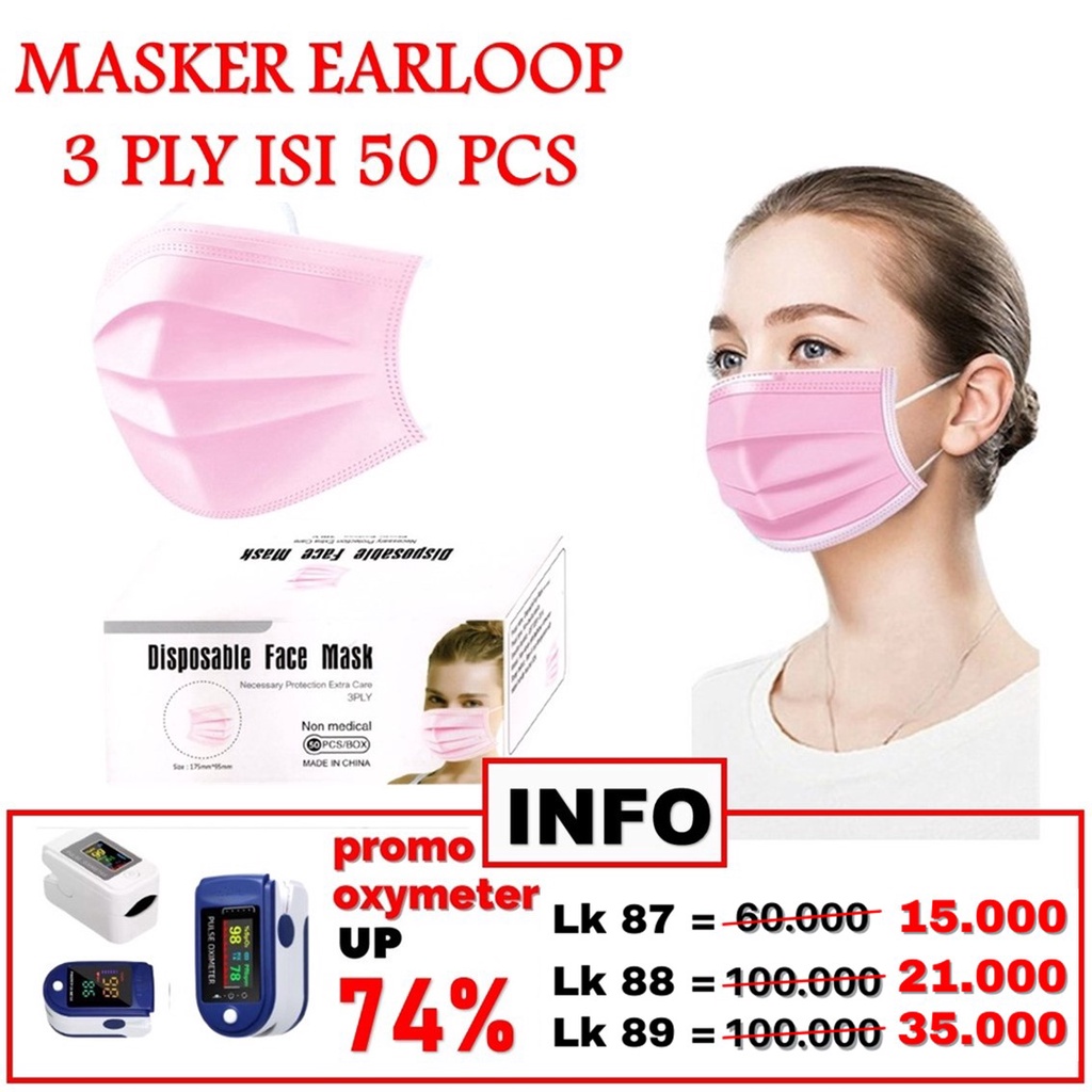 HC Masker Earloop Warna Warni 3Ply Masker Disposable 50 Pcs Facemask Kesehatan 3 Ply Kemasan Box-HC6626 PINK