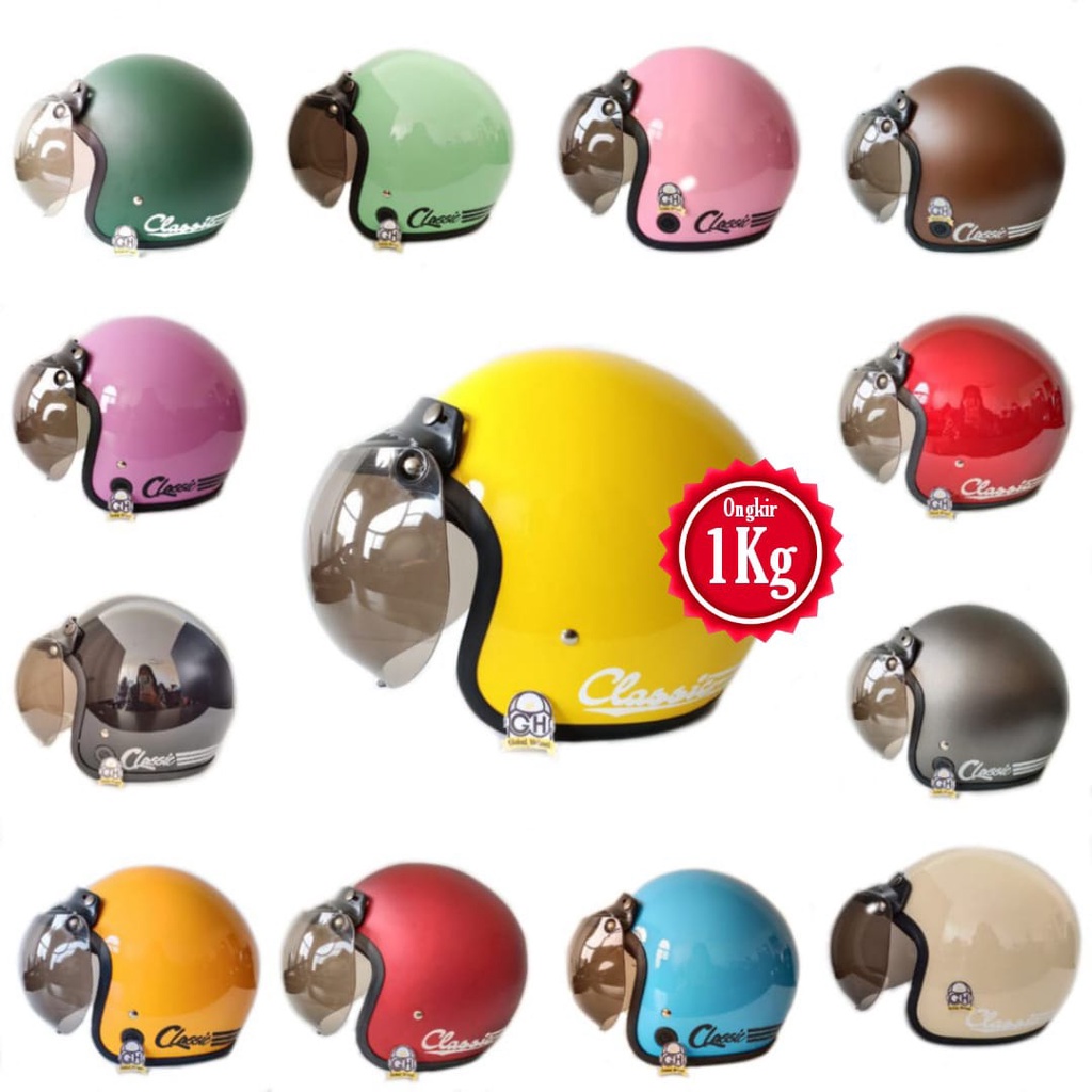 HELM BOGO DEWASA CLASIC POLOS GARIS KACA DATAR DAN KACA CEMBUNG