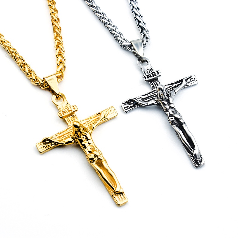 Kalung Rantai Liontin Salib Yesus Bahan Stainless Steel Lapis Emas / Silver 14k Gaya Hip Hop