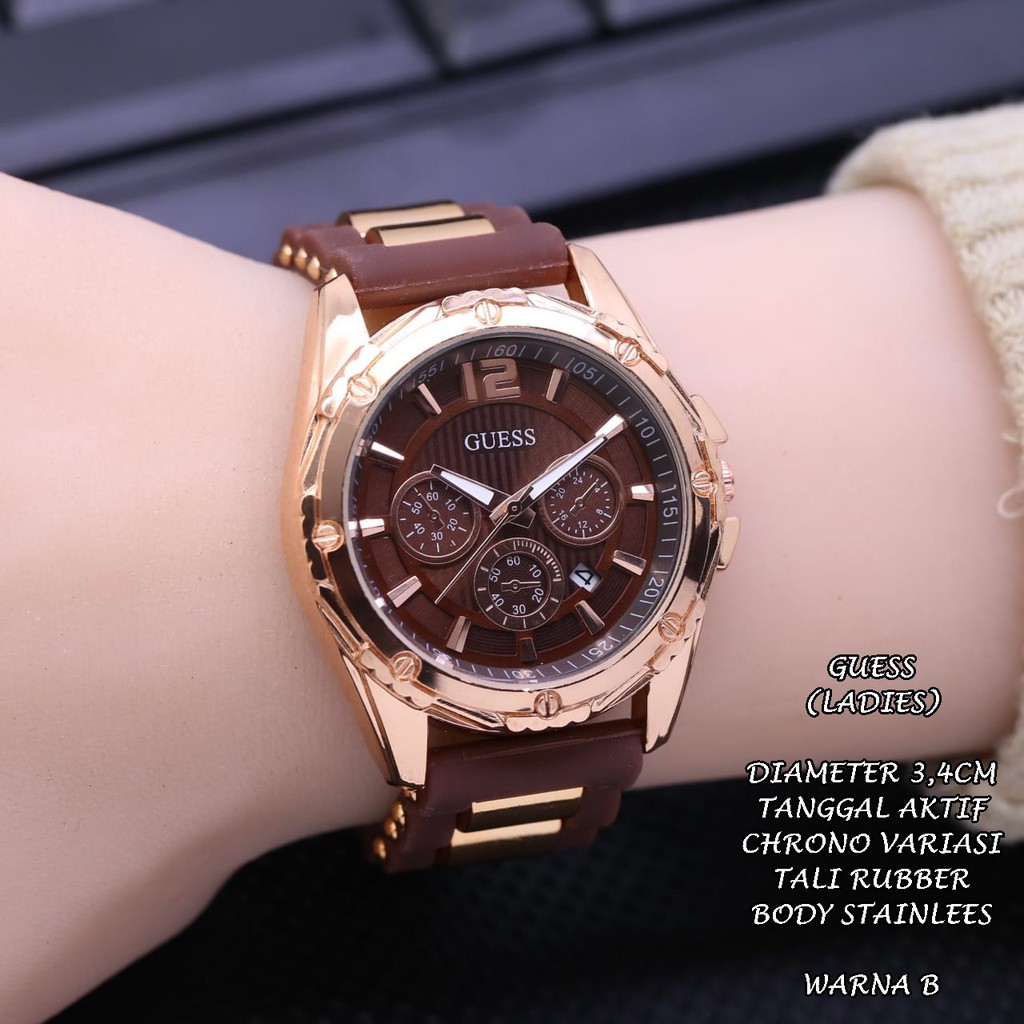 (BISA COD) JAM TANGAN WANITA GUESS TALI RUBBER BODY BULAT TANGGAL AKTIF CHRONO OFF