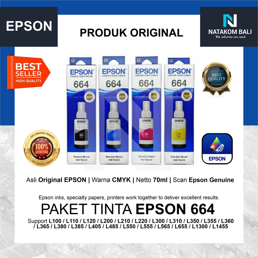 PAKET 1 SET TINTA EPSON 664 ORIGINAL - L100 L220 L360 L1300