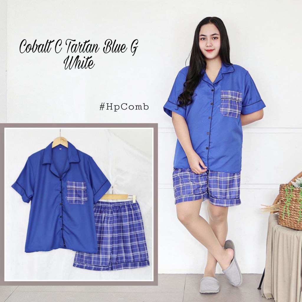 IZANY Piyama Dewasa Hotpant Combina Allsize / HP  Combina Saten Apple LD 100-010 TARTAN BLUE G WH