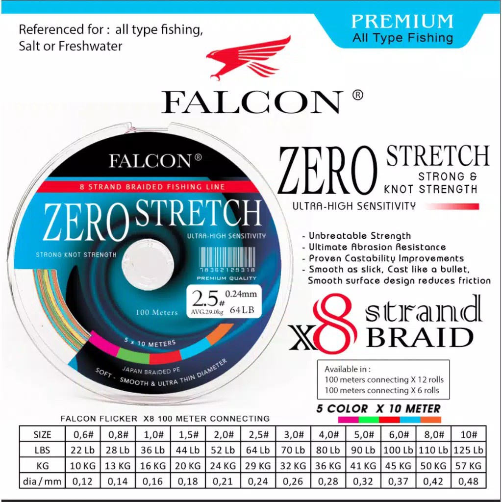 Senar Benang Tali Pancing PE X8 FALCON ZERO STRETCH BRAIDED PE Senar Laut Kuat Terlaris