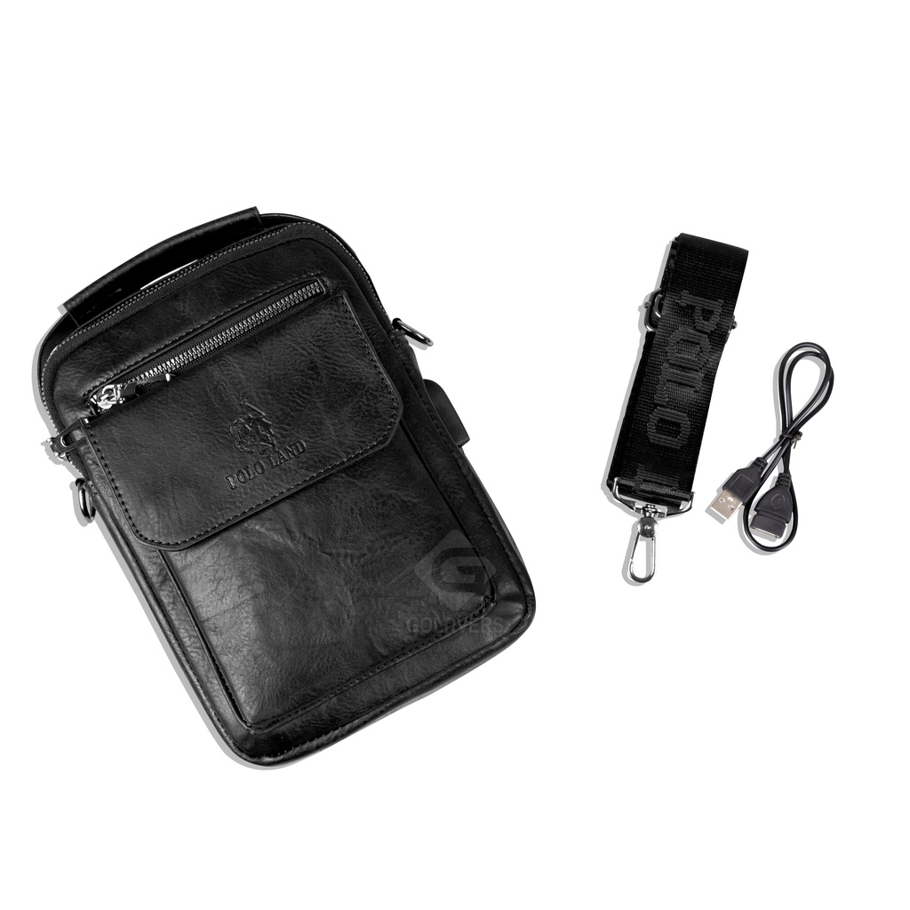 Tas Selempang Pria Kulit Slempang Pria Slingbag Cowok POLO LAND MULTIFUNGSI + FREE KABEL USB - Distributor