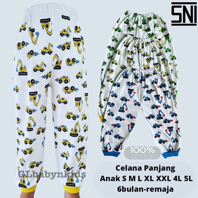 [Bundle isi 3pcs]Grosir Celana Panjang Santai Tidur Rumah Harian Training Anak Motif Traktor 100%Katun Size SS-5L New Born-Remaja SNI