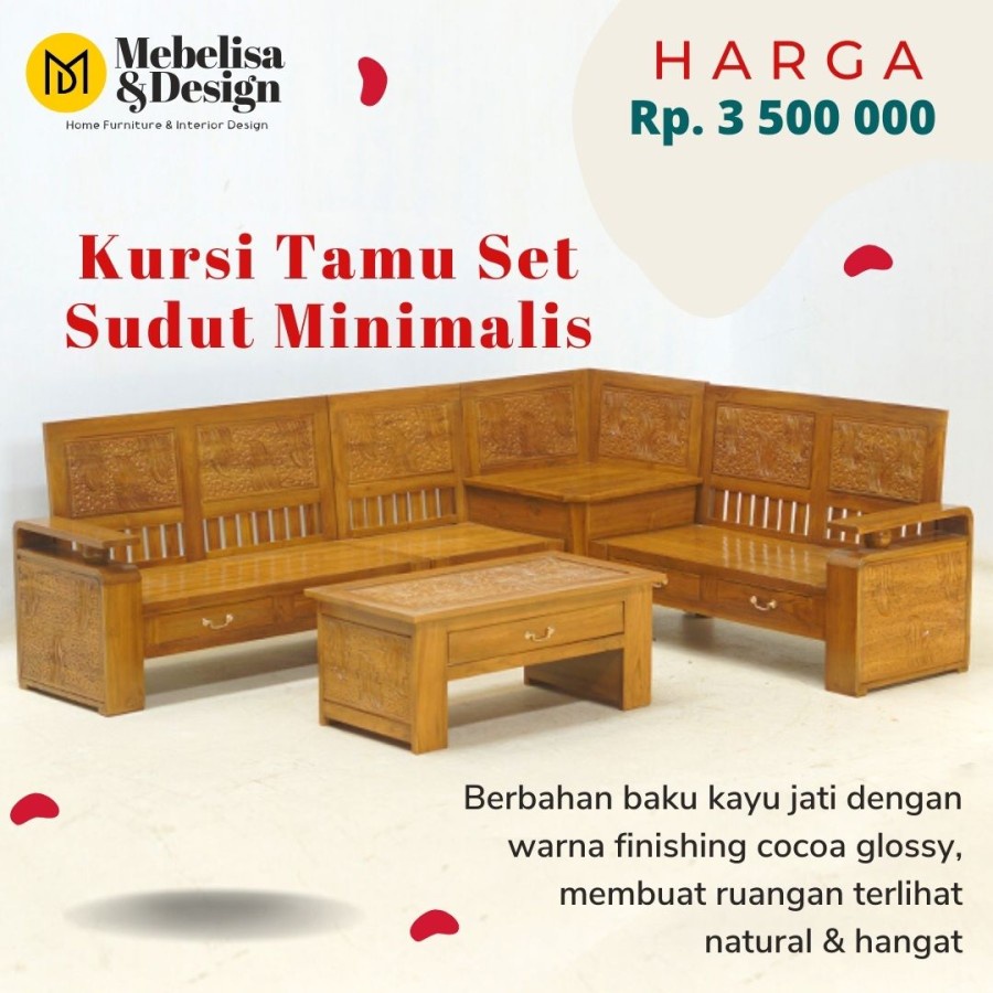 Kursi Meja Tamu Set L Minimalis Jati, Kursi Tamu Set Sudut Minimalis