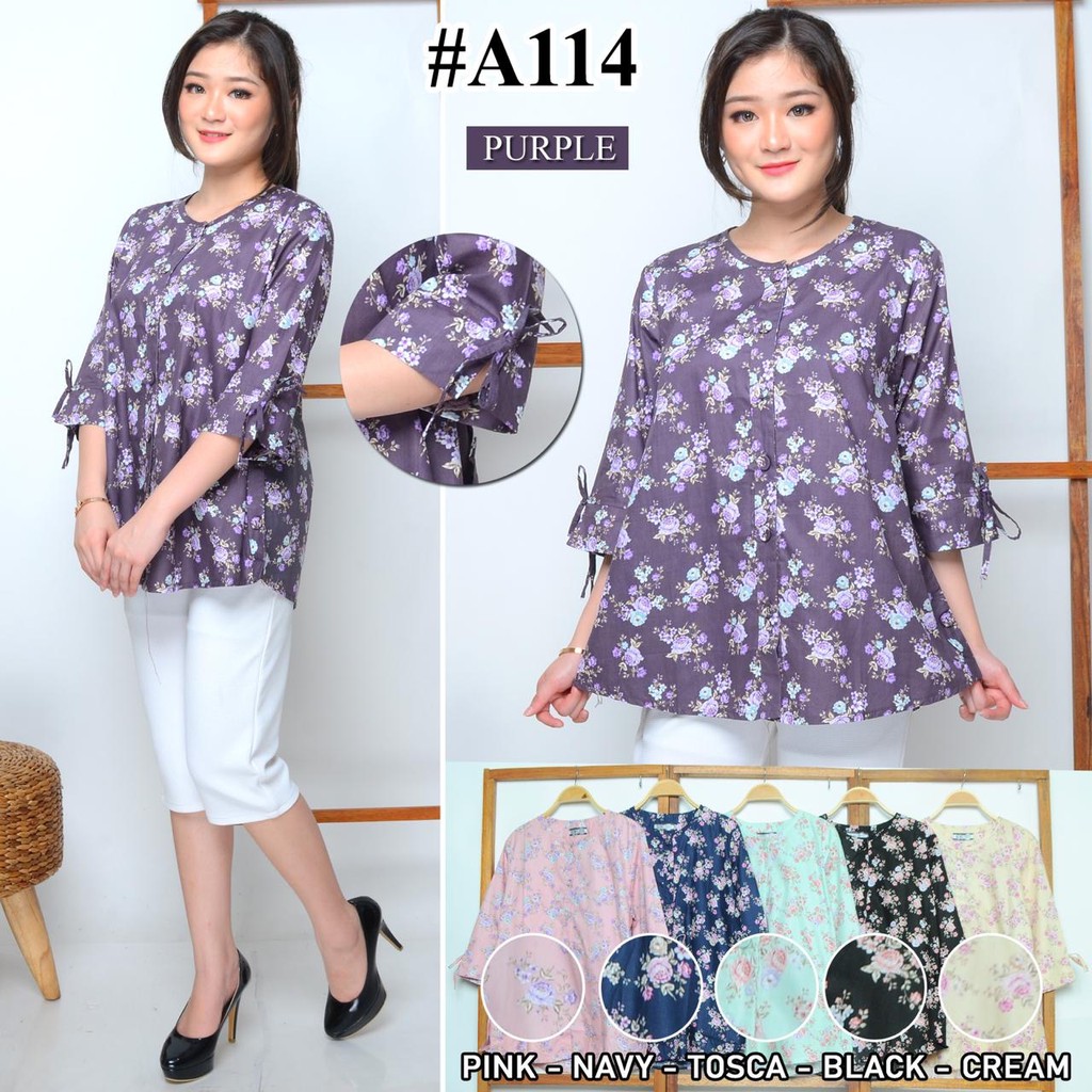 A114 Blouse Atasan Muslim Motif Bunga Katun Jepang Ori Tokai BWI 188