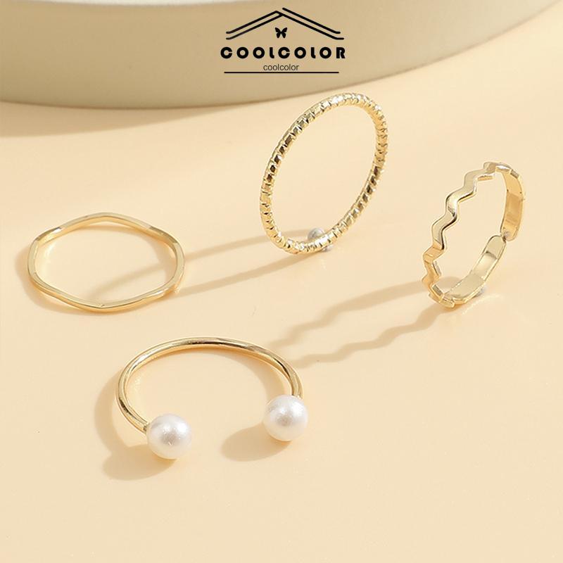 COD❤️4 Pcs/set Korea Cincin Emas Untuk Wanita Sederhana Mutiara Elegan Cincin Set Dapat Disesuaikan Terbuka Perhiasan Hadiah Fashion Aksesoris Murah