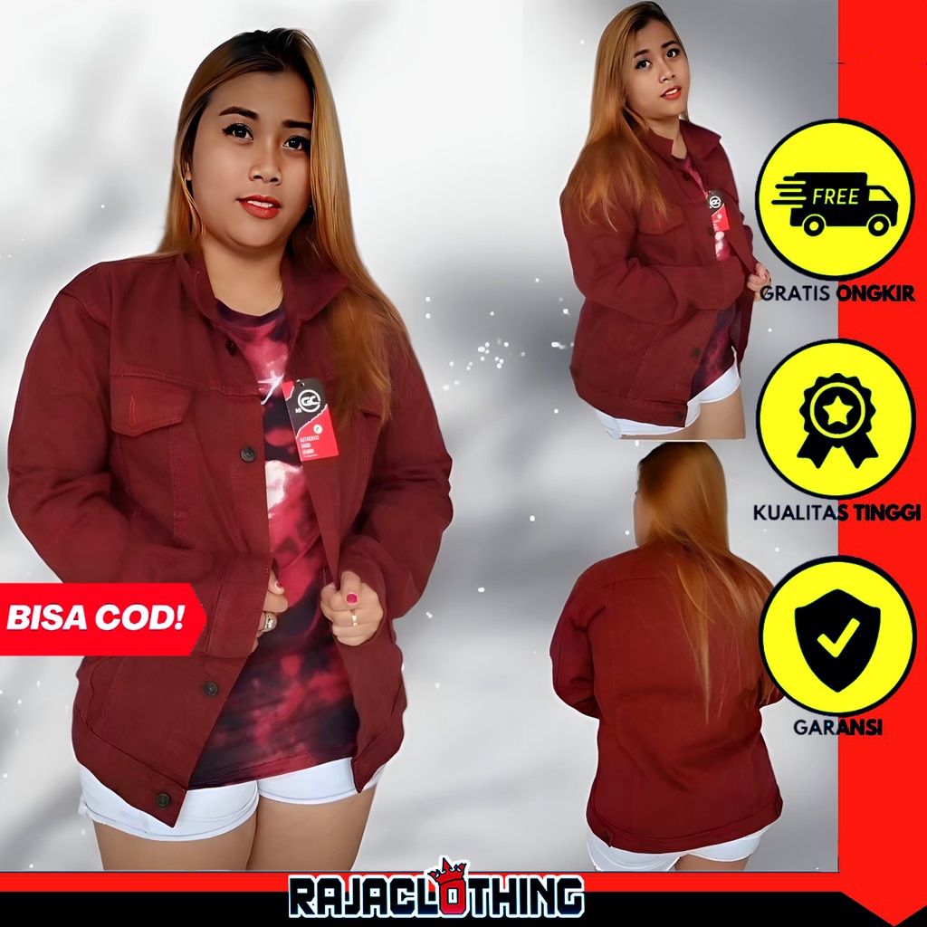 RCL - Jaket Jeans Oversize Warna Merah Maroon - Jaket Jeans Cewek - Jaket Jeans Wanita - Jaket Jeans Oversize M-L-XL-XXL