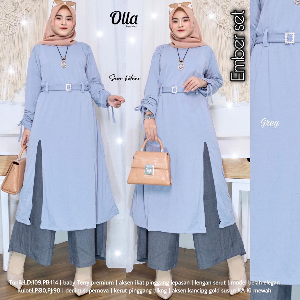 Original by Olla Ember Setelan Wanita Kombinasi Atasan Tunik Polos Belah Samping LD 109 Babyterry Mi