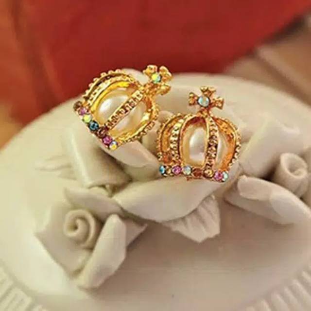 Anting mahkota mutiara permata warna warni korea anting stainless earings crown pearl WAWI