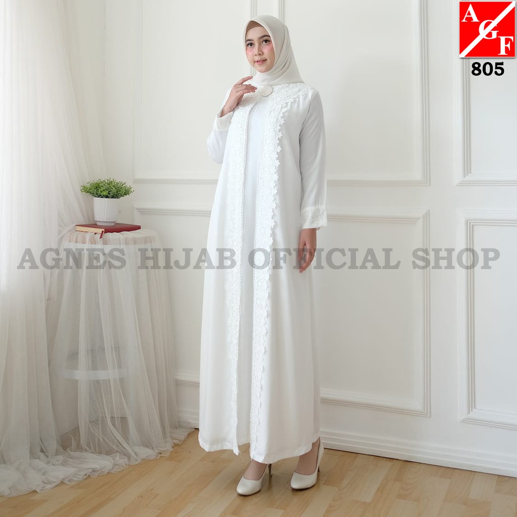 Agnes Baju Gamis Putih Wanita Brukat Baju Lebaran Umroh Haji Busana Muslim Wanita 805-3