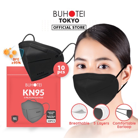 BUHOTEI Disposable Masker wajah EVO Earloop Face Mask Kesehatan masker medis-BH-KN95 Black 10pcs