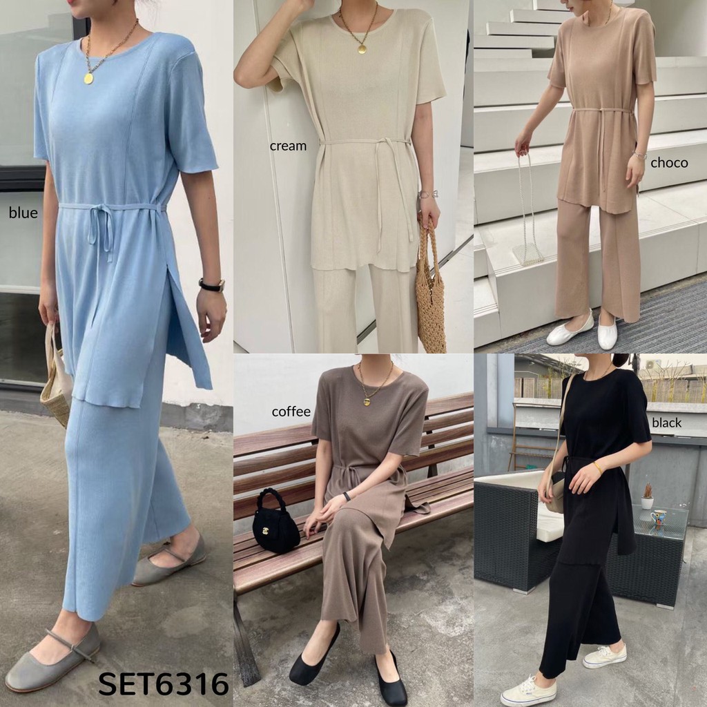 SET6316 Kylie Slit Long Blouse & Pants Knit Set