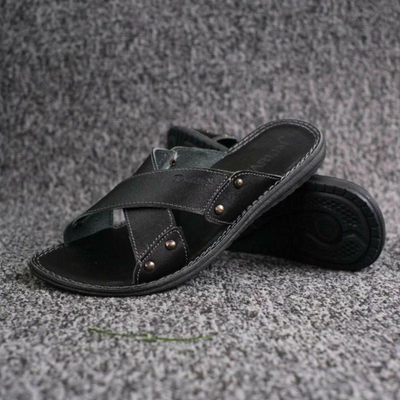 BRLN 003 Black Sandal Pria Casual Kulit Asli Terbaru Sendal Slide Selop Santai Harian Warna Hitam