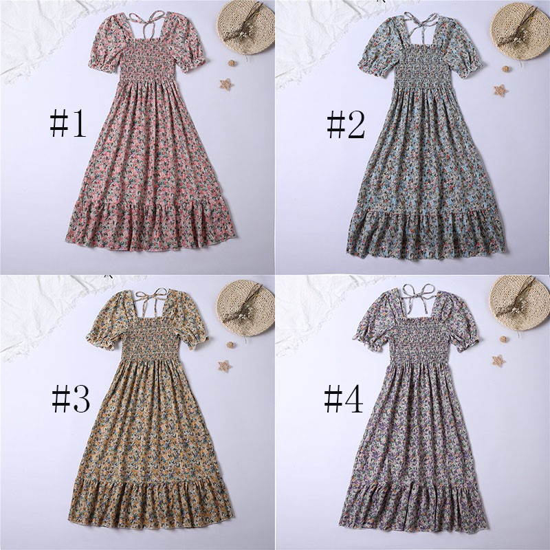 Dress motif bunga smocked korea lengan pendek dengan dasi belakang