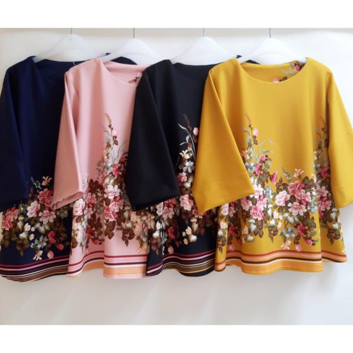 BAJU ATASAN WANITA JUMBO BLOUSE SCUBA MOTIF KEMBANG BIG SIZE JUMBO