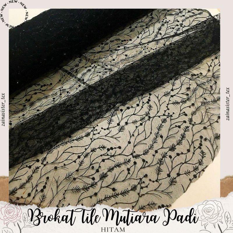 Kain Brokat Tile Mutiara Padi Warna Hitam