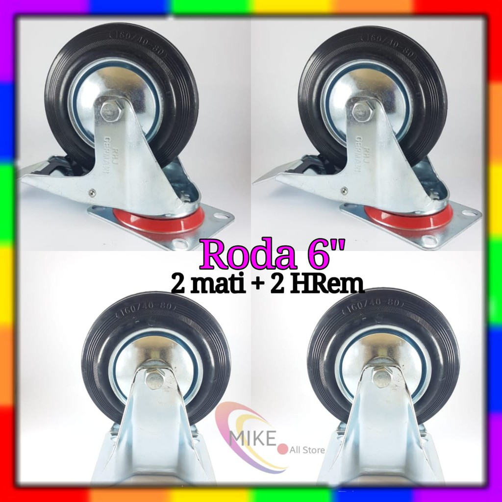 Roda Troli 6" 1set(2M+2Hrem) Roda Karet 6inchi etalase 6 inch Troly