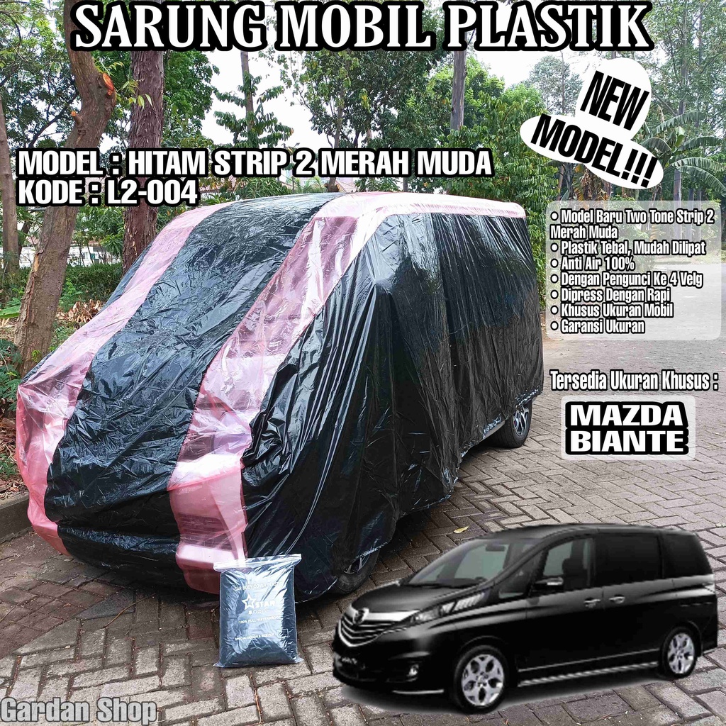 Sarung Mobil Plastik MAZDA BIANTE Hitam Strip 2 Merah Muda Full Anti Air Full Waterproof